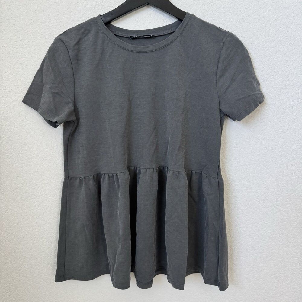 Zara Slate Gray Peplum Baby Doll Top Size Small Short Sleeve Crew Neck